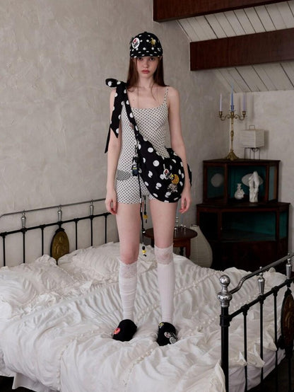 1JINN STUDIO Polka Dot Striped Reversible Spaghetti Jumpsuit Short Cover Women&