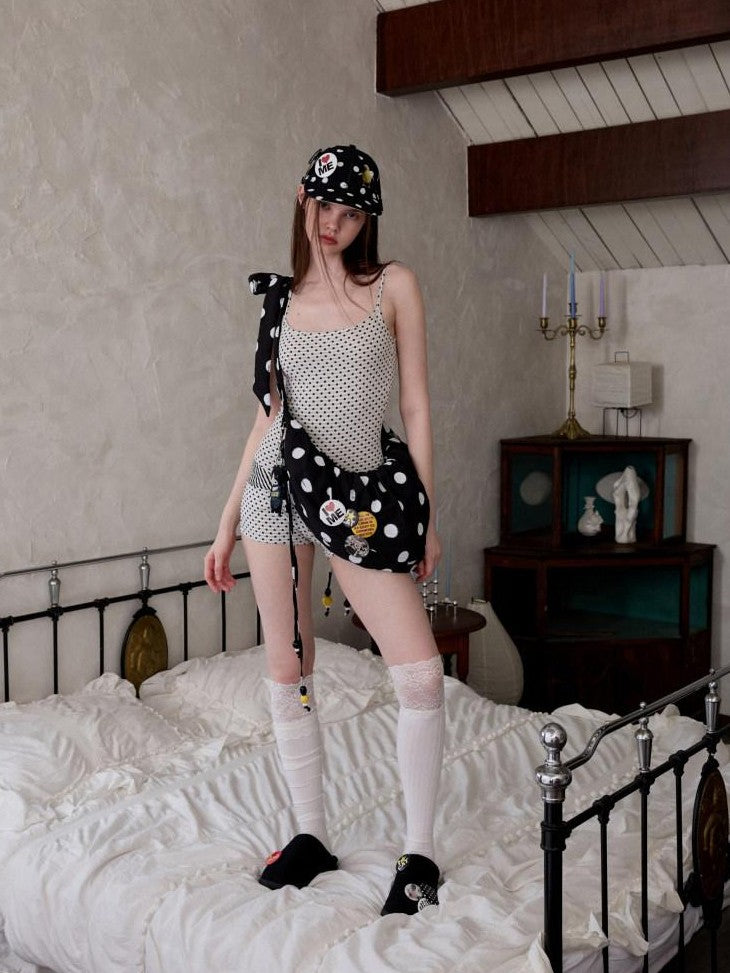 1JINN STUDIO Polka Dot Striped Reversible Spaghetti Jumpsuit Short Cover Women&