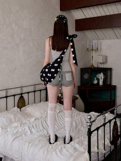 1JINN STUDIO Polka Dot Striped Reversible Spaghetti Jumpsuit Short Cover Women&
