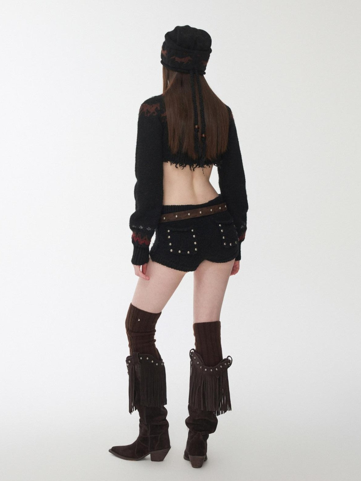 1JINN STUDIO Pony Jacquard Knit Short Cardigan High Waist Women&