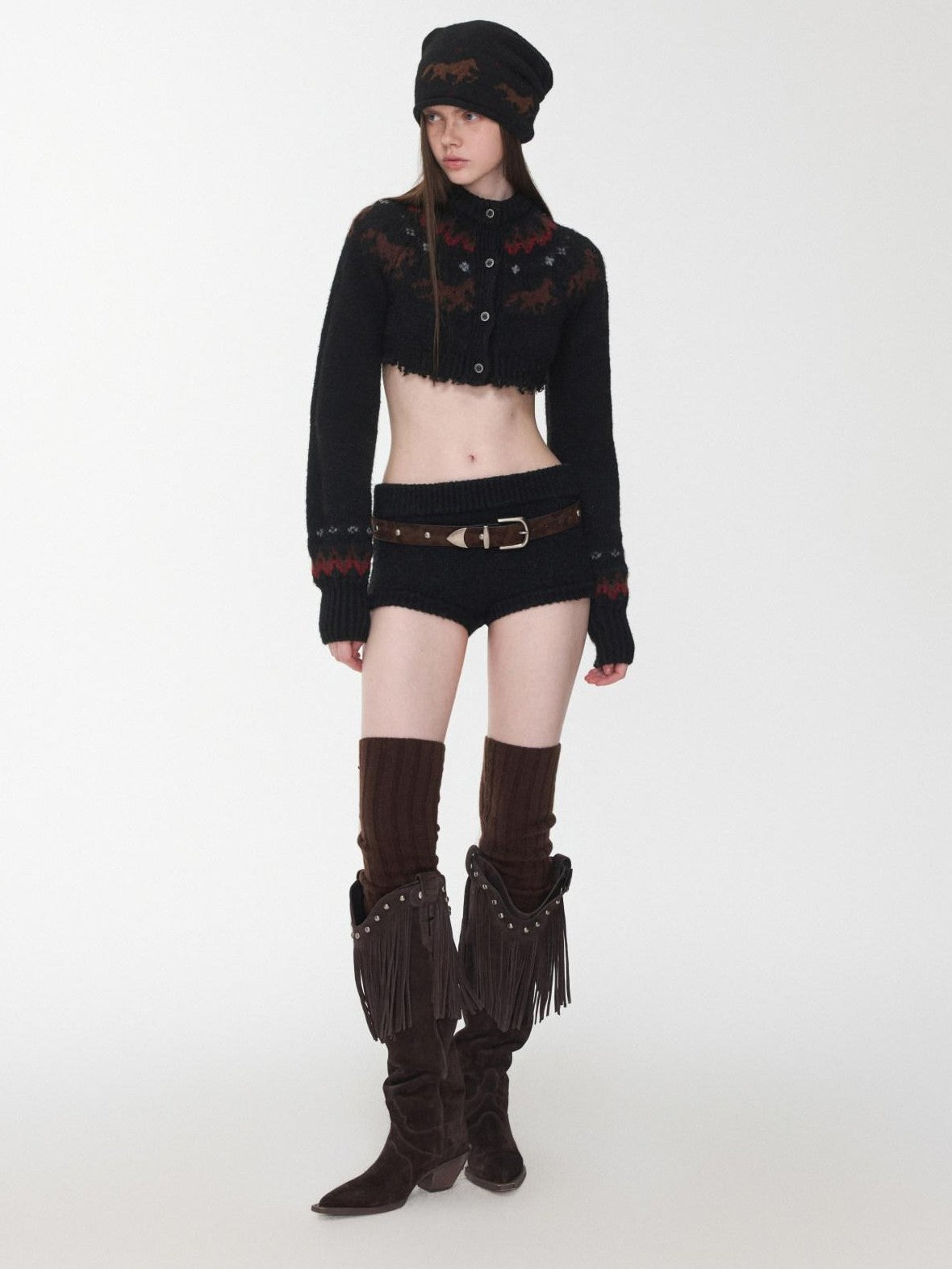 1JINN STUDIO Pony Jacquard Knit Short Cardigan High Waist Women&