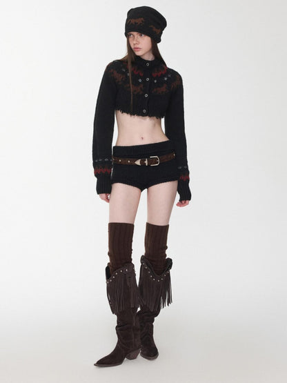 1JINN STUDIO Pony Jacquard Knit Short Cardigan High Waist Women&