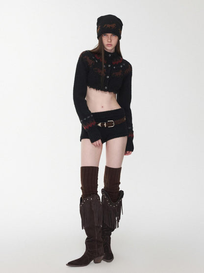 1JINN STUDIO Pony Jacquard Knit Short Cardigan High Waist Women&