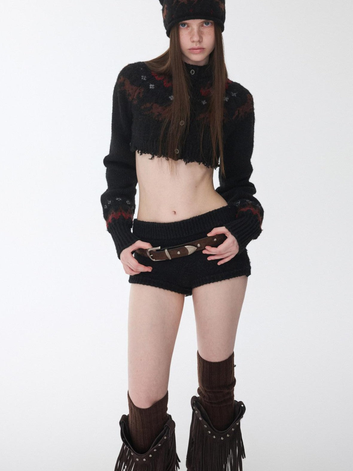 1JINN STUDIO Pony Jacquard Knit Short Cardigan High Waist Women&