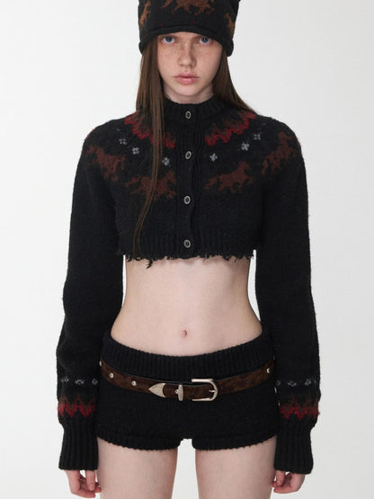 1JINN STUDIO Pony Jacquard Knit Short Cardigan High Waist Women&