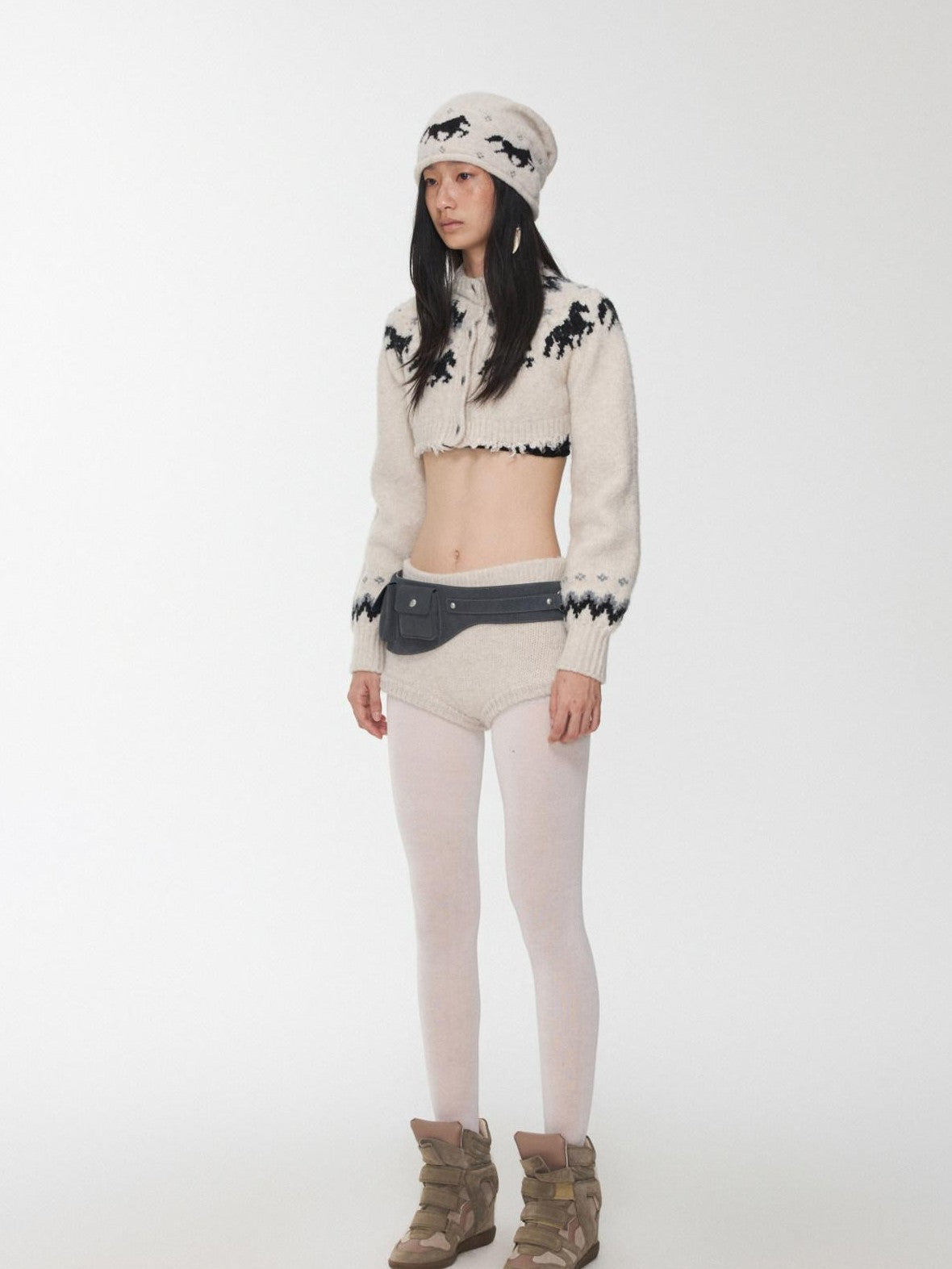 1JINN STUDIO Pony Jacquard Knit Short Cardigan High Waist Women&
