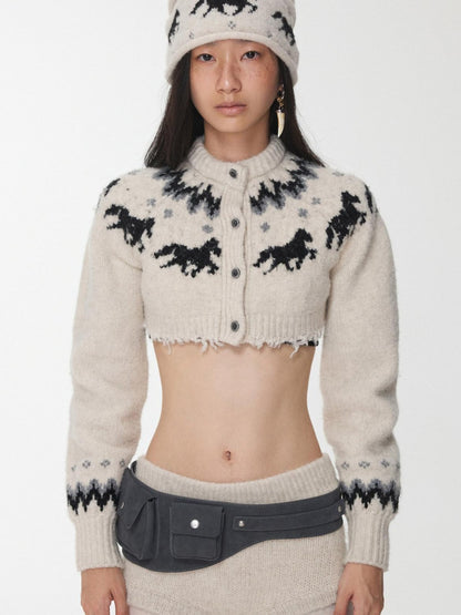 1JINN STUDIO Pony Jacquard Knit Short Cardigan High Waist Women&