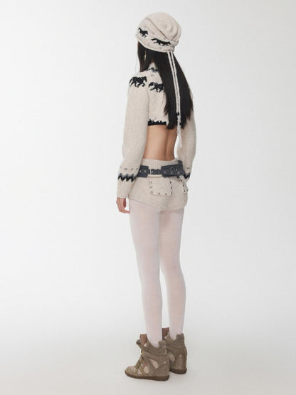 1JINN STUDIO Pony Jacquard Knit Short Cardigan High Waist Women&