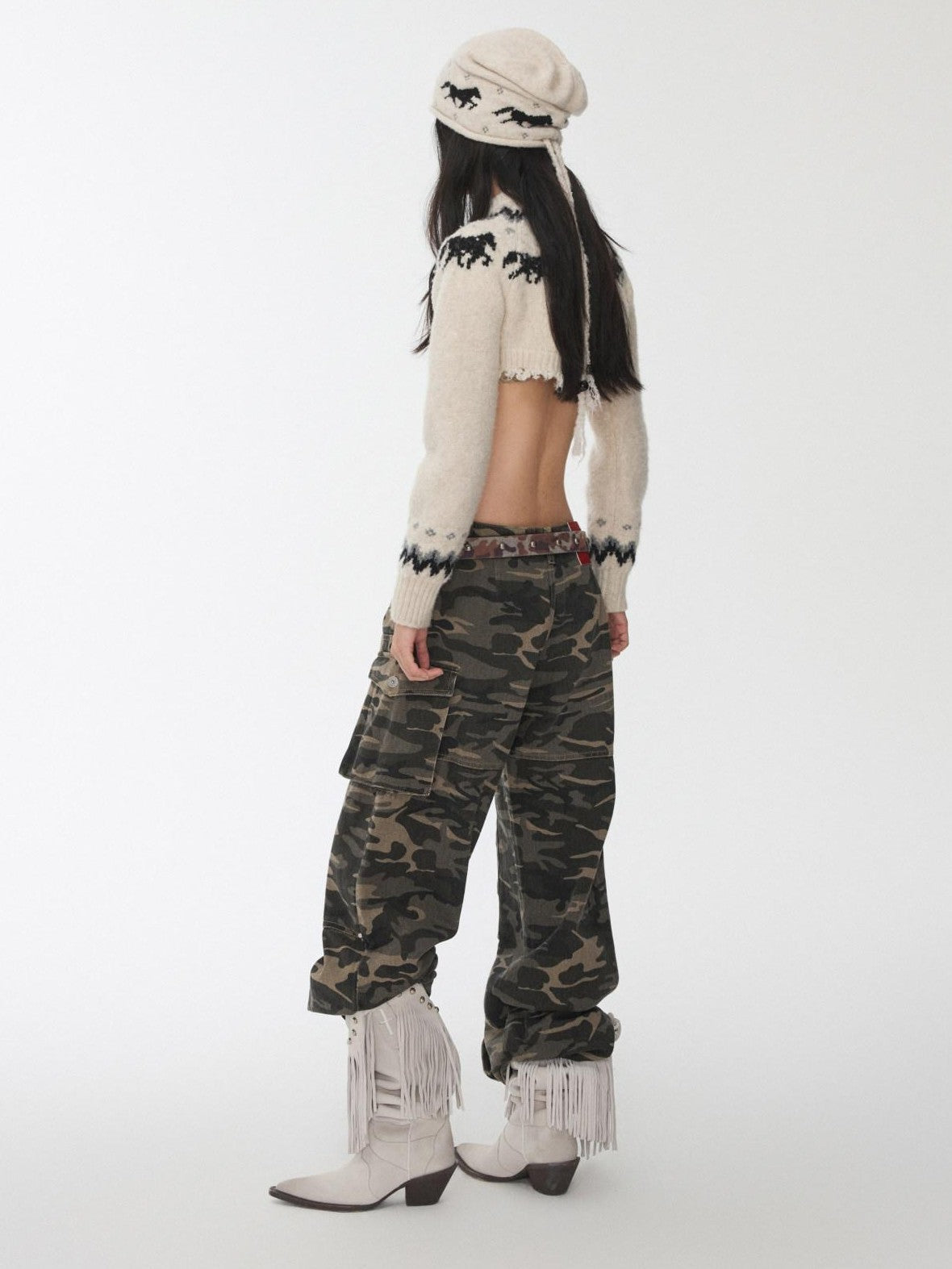 1JINN STUDIO Pony Jacquard Knit Short Cardigan High Waist Women&