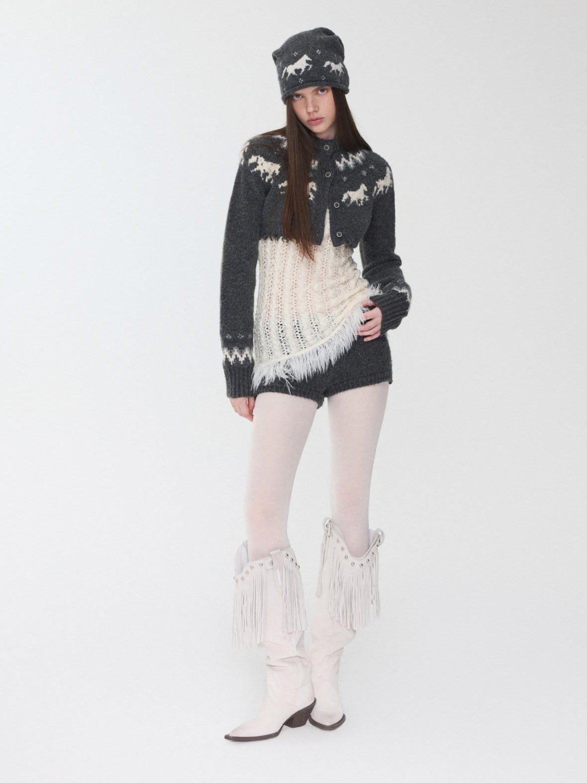 1JINN STUDIO Pony Jacquard Knit Short Cardigan High Waist Women&