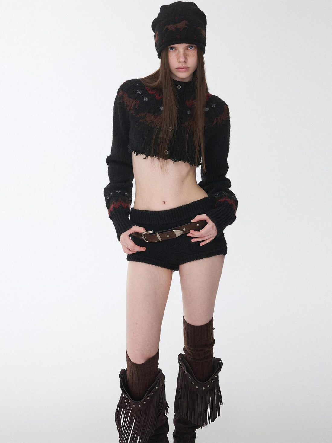 1JINN STUDIO Pony Jacquard Knit Short Cardigan High Waist Women&
