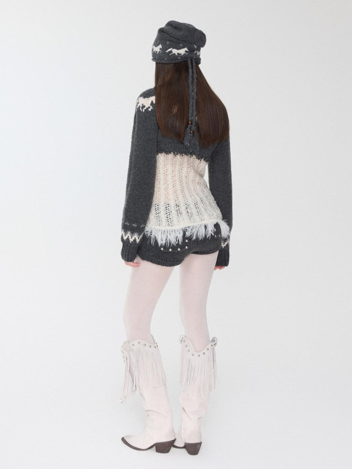 1JINN STUDIO Pony Jacquard Knit Short Cardigan High Waist Women&