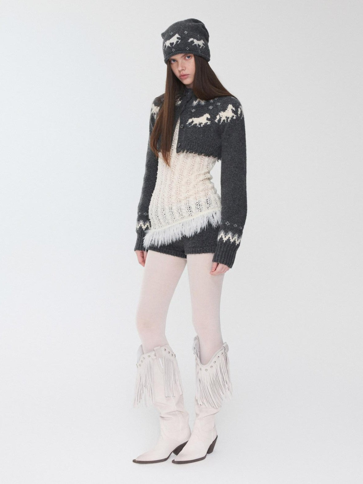 1JINN STUDIO Pony Jacquard Knit Short Cardigan High Waist Women&