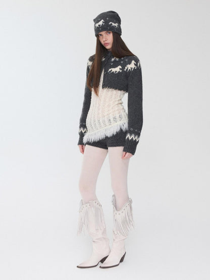 1JINN STUDIO Pony Jacquard Knit Short Cardigan High Waist Women&