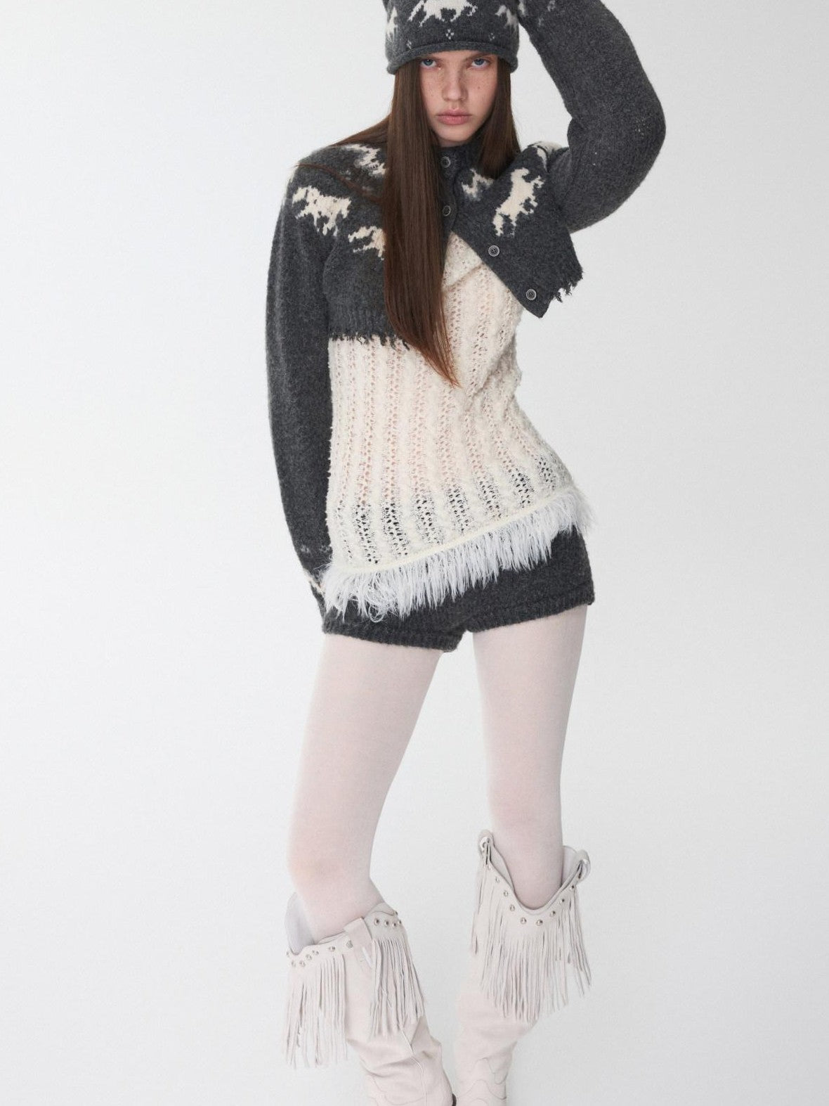 1JINN STUDIO Pony Jacquard Knit Short Cardigan High Waist Women&
