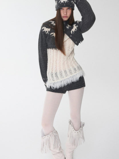 1JINN STUDIO Pony Jacquard Knit Short Cardigan High Waist Women&