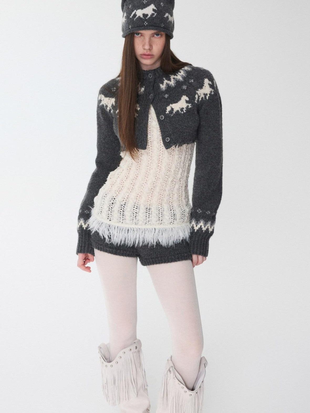 1JINN STUDIO Pony Jacquard Knit Short Cardigan High Waist Women&
