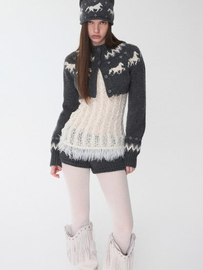 1JINN STUDIO Pony Jacquard Knit Short Cardigan High Waist Women&