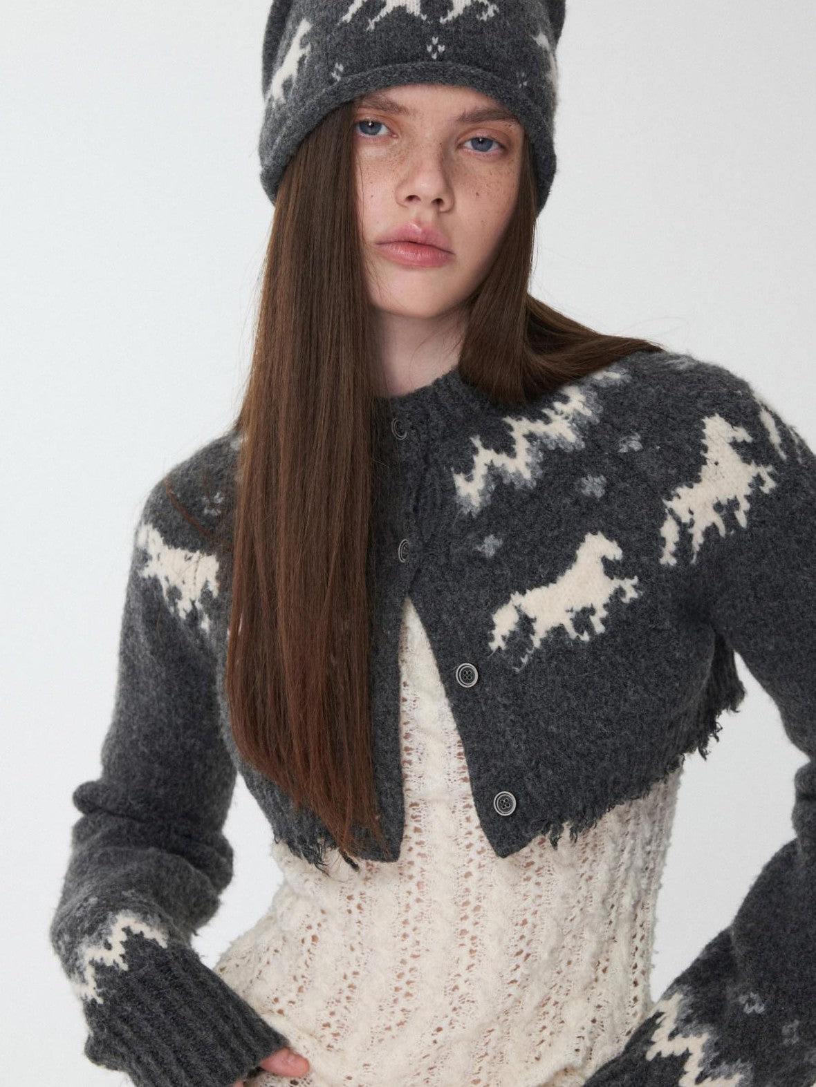 1JINN STUDIO Pony Jacquard Knit Short Cardigan High Waist Women&