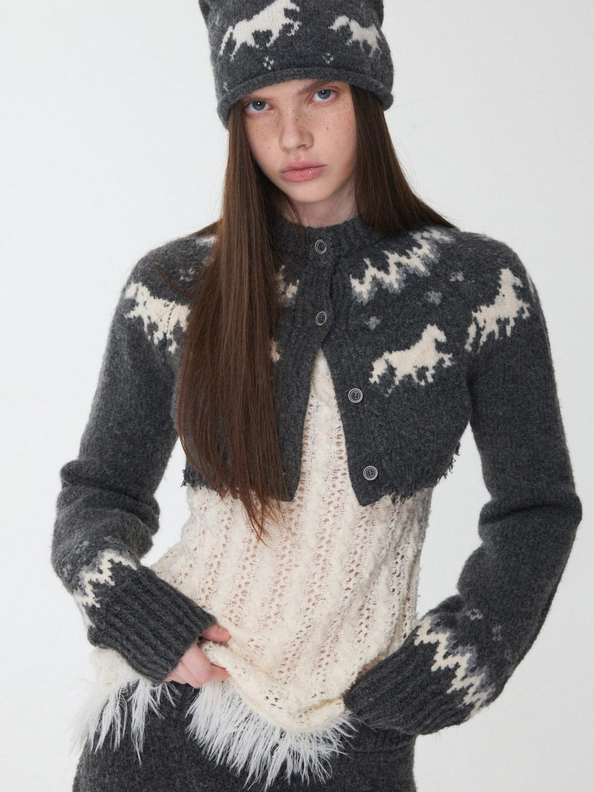 1JINN STUDIO Pony Jacquard Knit Short Cardigan High Waist Women&