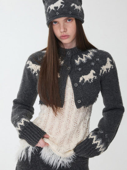 1JINN STUDIO Pony Jacquard Knit Short Cardigan High Waist Women&