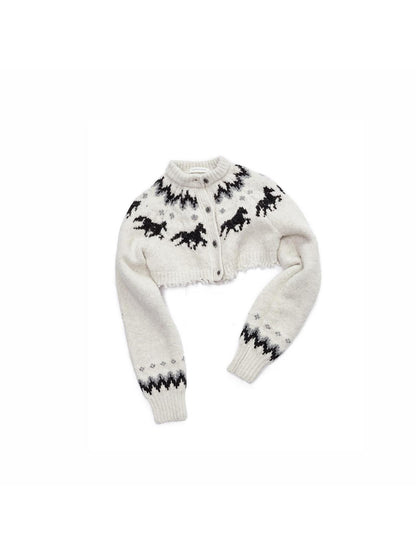 1JINN STUDIO Pony Jacquard Knit Short Cardigan High Waist Women&