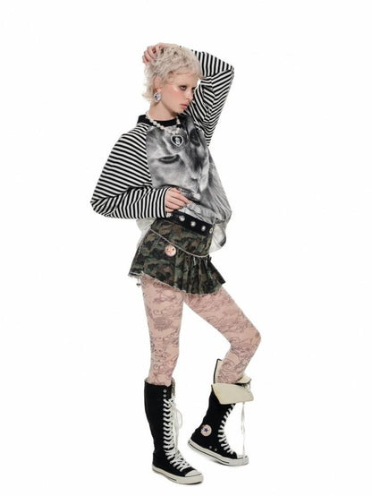 1JINN STUDIO Printed Striped Colorblock Raglan Sleeve Women&