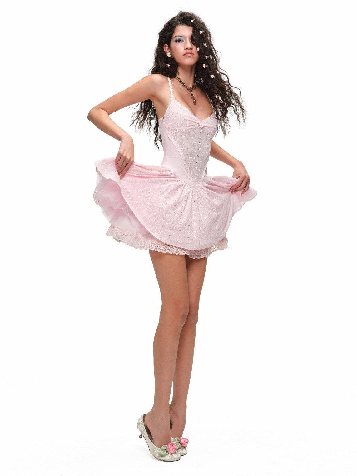1JINN STUDIO Puff Jacquard Cinched Waist V-neck Strappy Women&