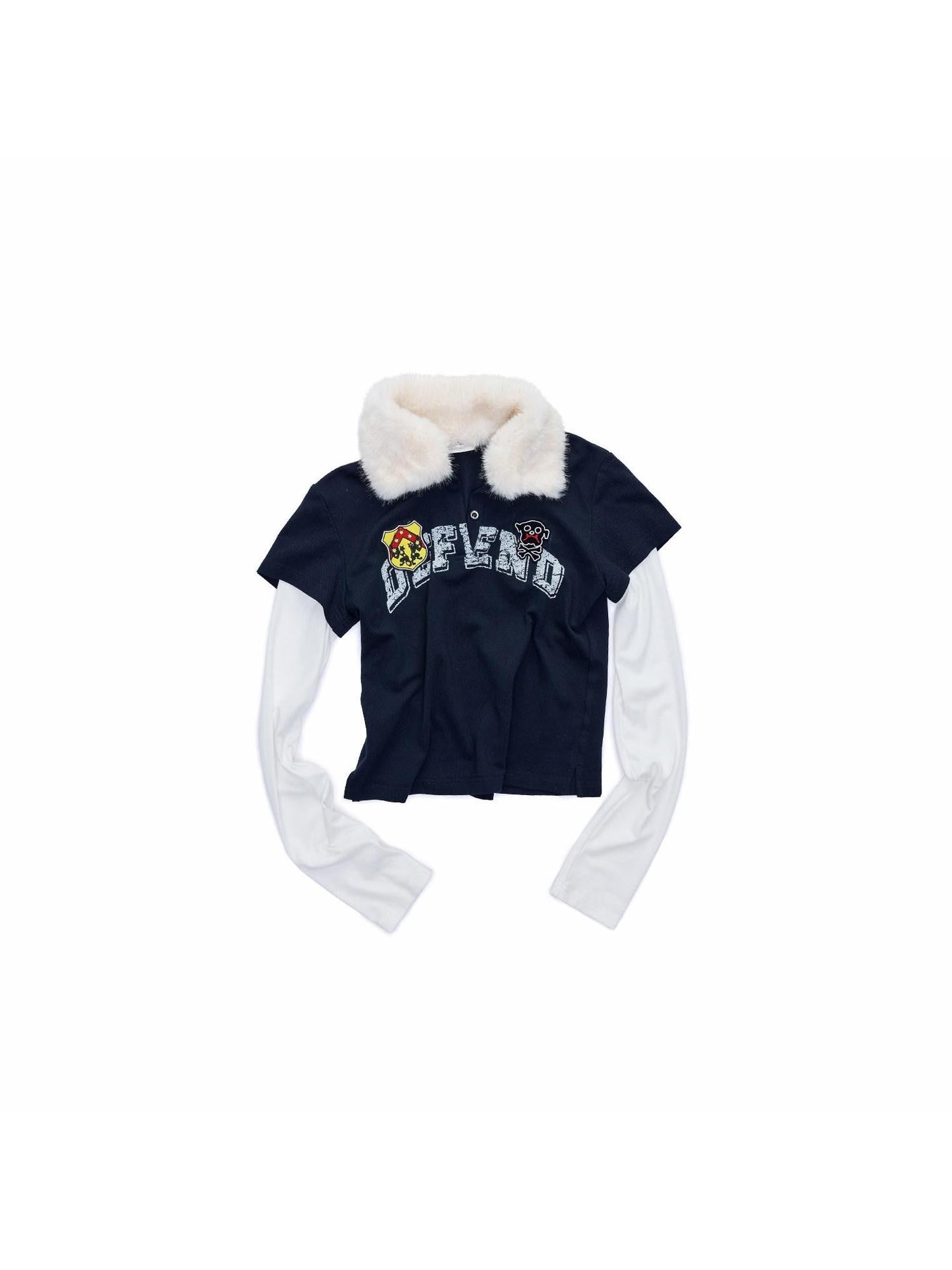 1JINN STUDIO Rabbit Fur Collar Faux Layered Badge Print Women&