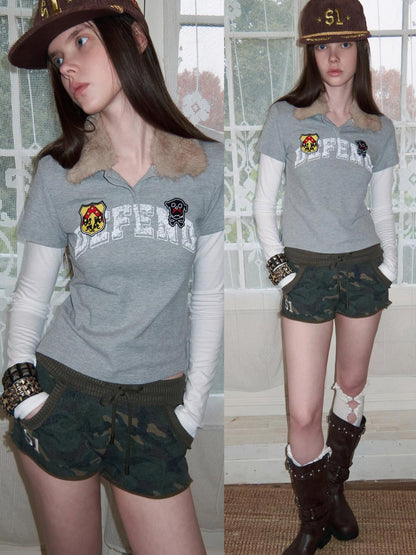 1JINN STUDIO Rabbit Fur Collar Faux Layered Badge Print Women&