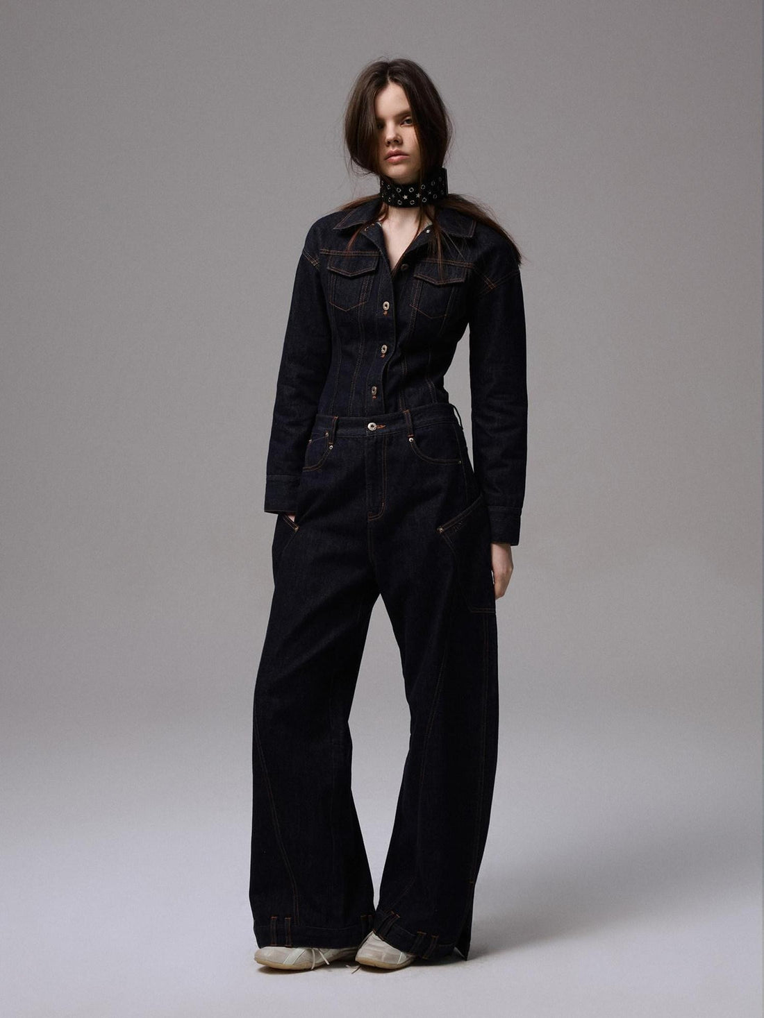1JINN STUDIO Raw Denim Deconstructed Embroidered Low Rise Women&