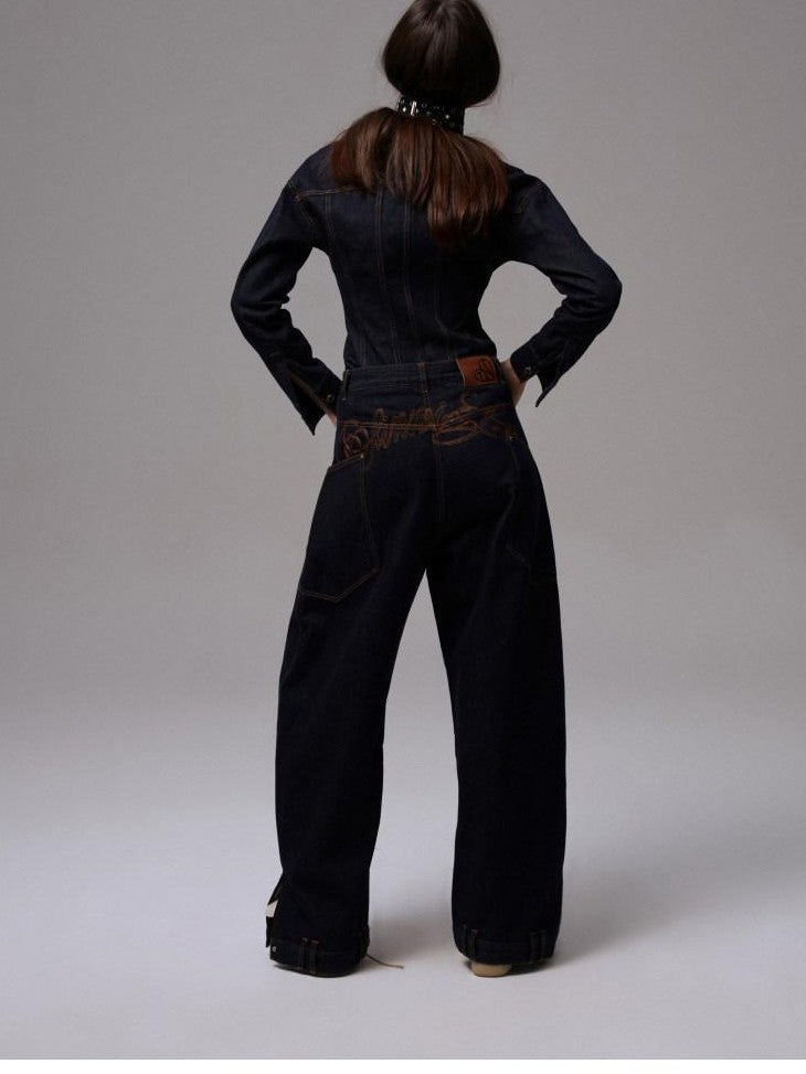 1JINN STUDIO Raw Denim Deconstructed Embroidered Low Rise Women&