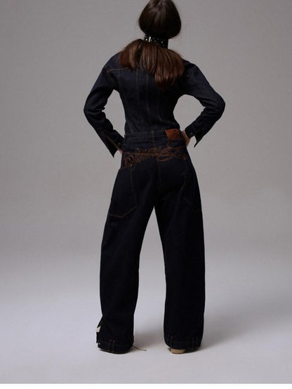 1JINN STUDIO Raw Denim Deconstructed Embroidered Low Rise Women&