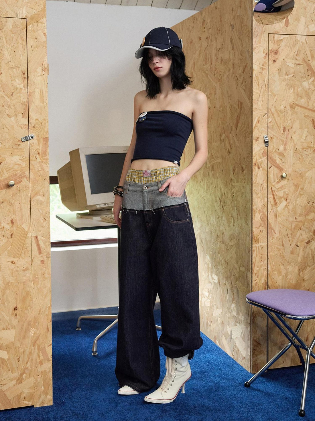 1JINN STUDIO Raw Denim Patchwork Embroidered Double Waist Women&