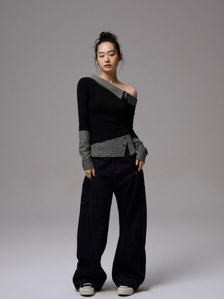 1JINN STUDIO Raw Denim Patchwork Embroidered Double Waist Women&