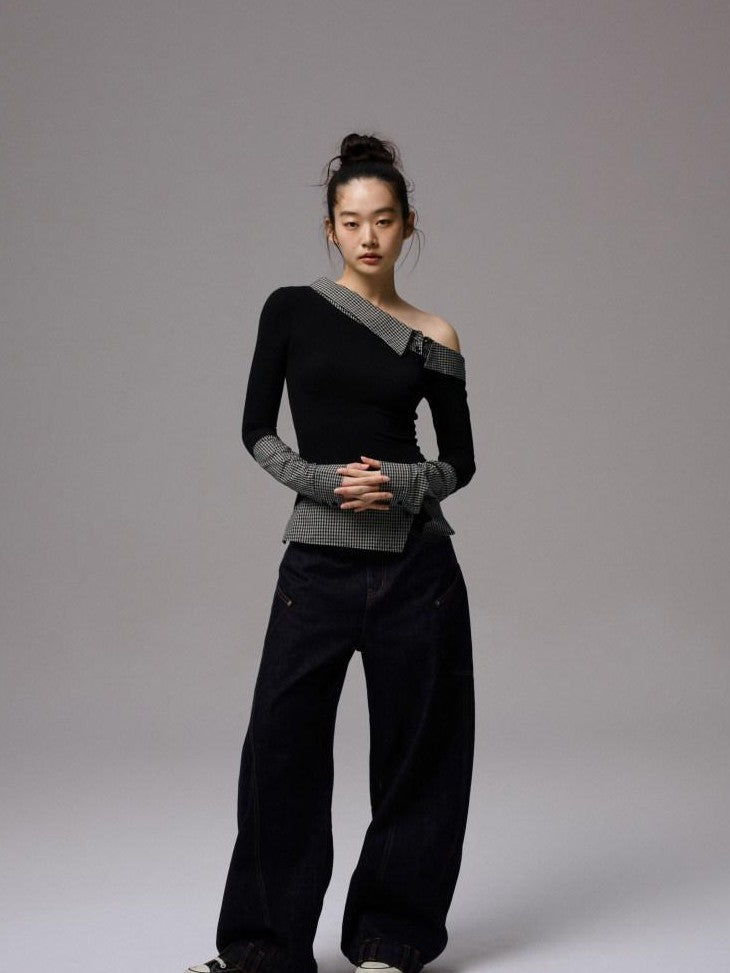 1JINN STUDIO Raw Denim Patchwork Embroidered Double Waist Women&
