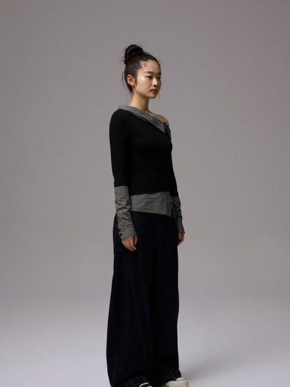 1JINN STUDIO Raw Denim Patchwork Embroidered Double Waist Women&