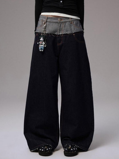 1JINN STUDIO Raw Denim Patchwork Embroidered Double Waist Women&