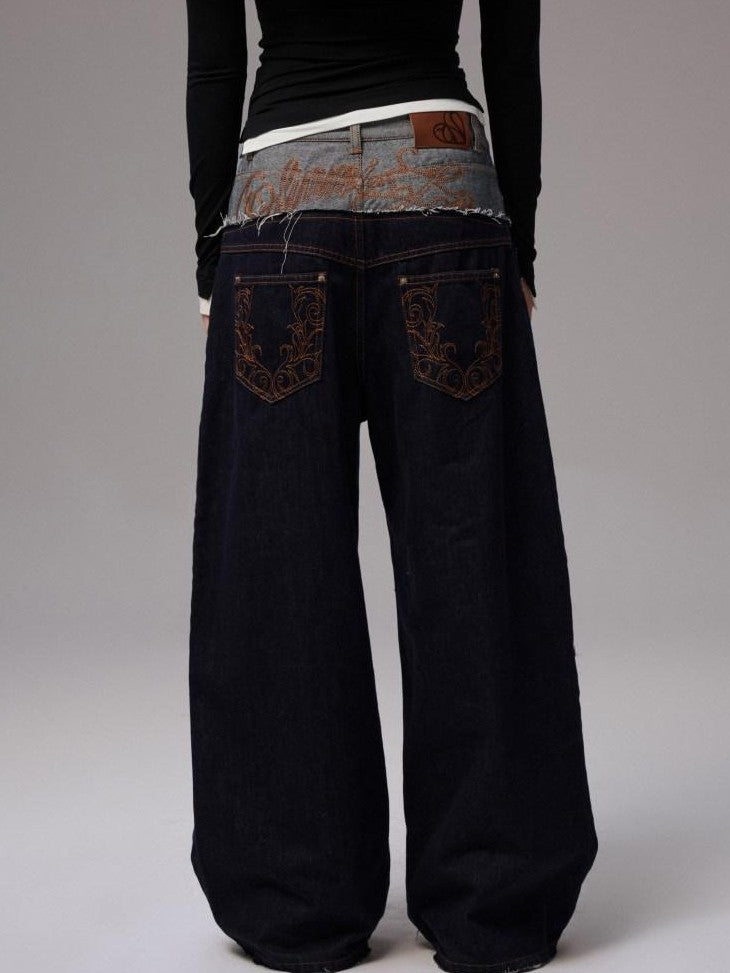 1JINN STUDIO Raw Denim Patchwork Embroidered Double Waist Women&