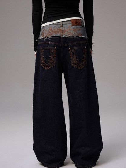 1JINN STUDIO Raw Denim Patchwork Embroidered Double Waist Women&