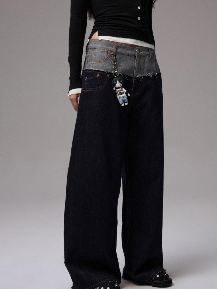 1JINN STUDIO Raw Denim Patchwork Embroidered Double Waist Women&