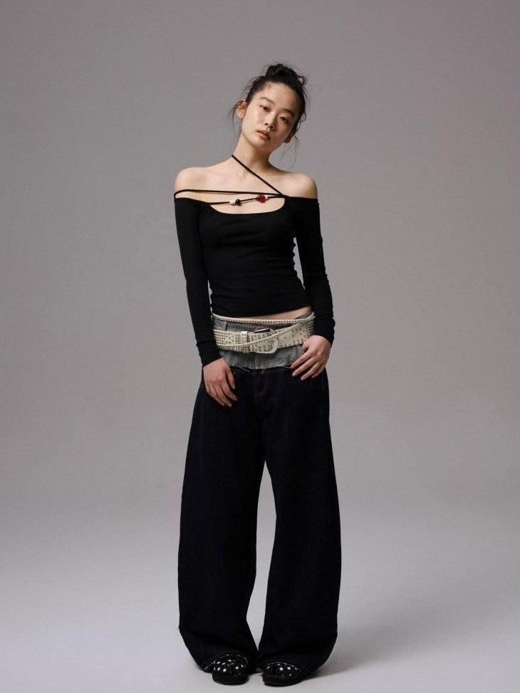 1JINN STUDIO Raw Denim Patchwork Embroidered Double Waist Women&
