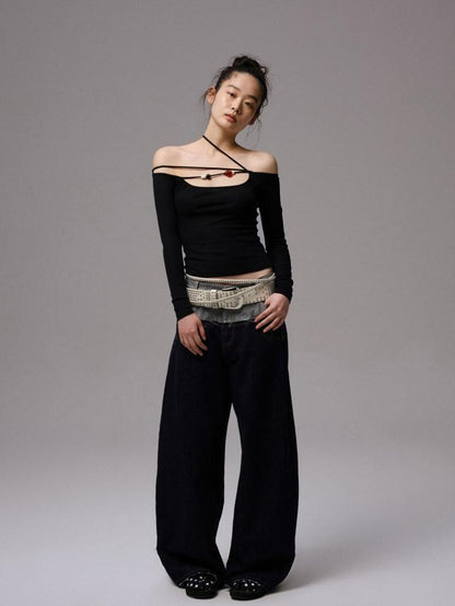 1JINN STUDIO Raw Denim Patchwork Embroidered Double Waist Women&