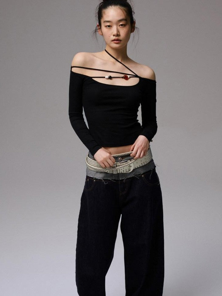 1JINN STUDIO Raw Denim Patchwork Embroidered Double Waist Women&