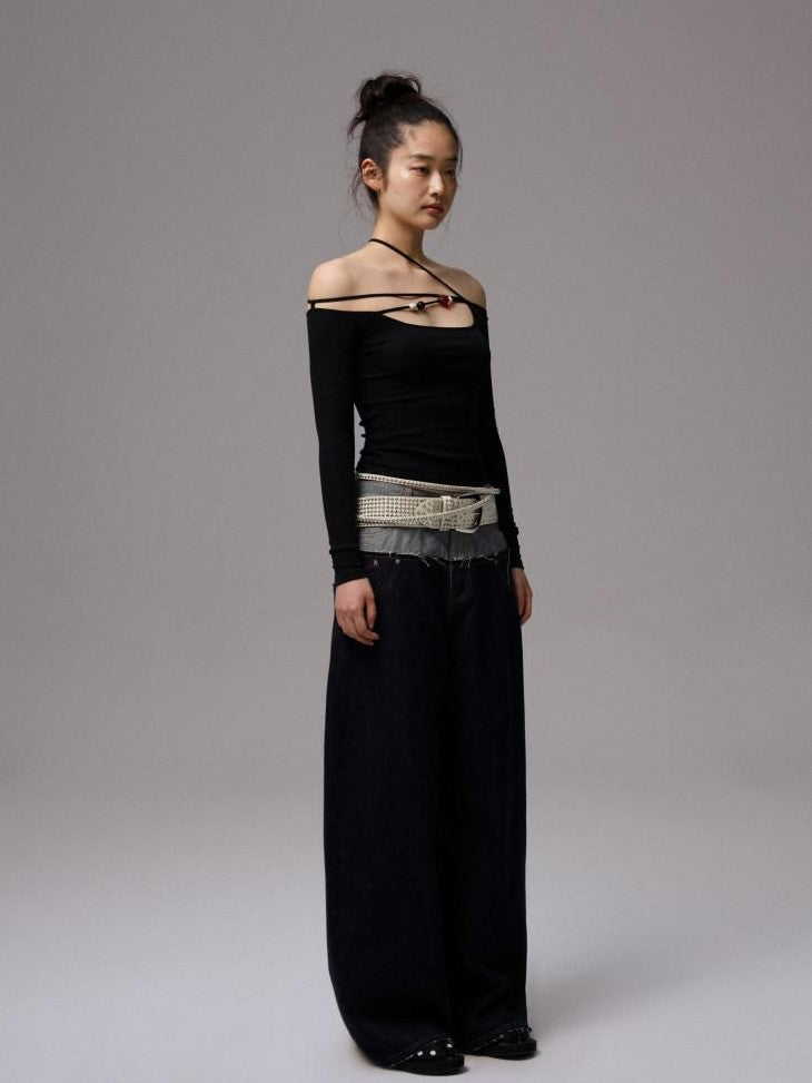1JINN STUDIO Raw Denim Patchwork Embroidered Double Waist Women&