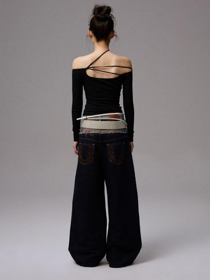 1JINN STUDIO Raw Denim Patchwork Embroidered Double Waist Women&