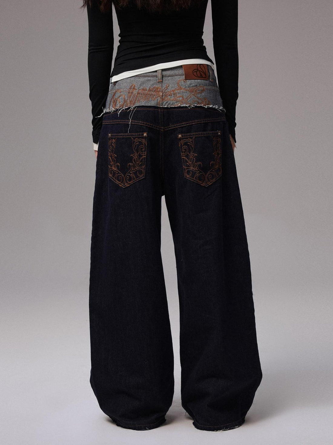 1JINN STUDIO Raw Denim Patchwork Embroidered Double Waist Women&