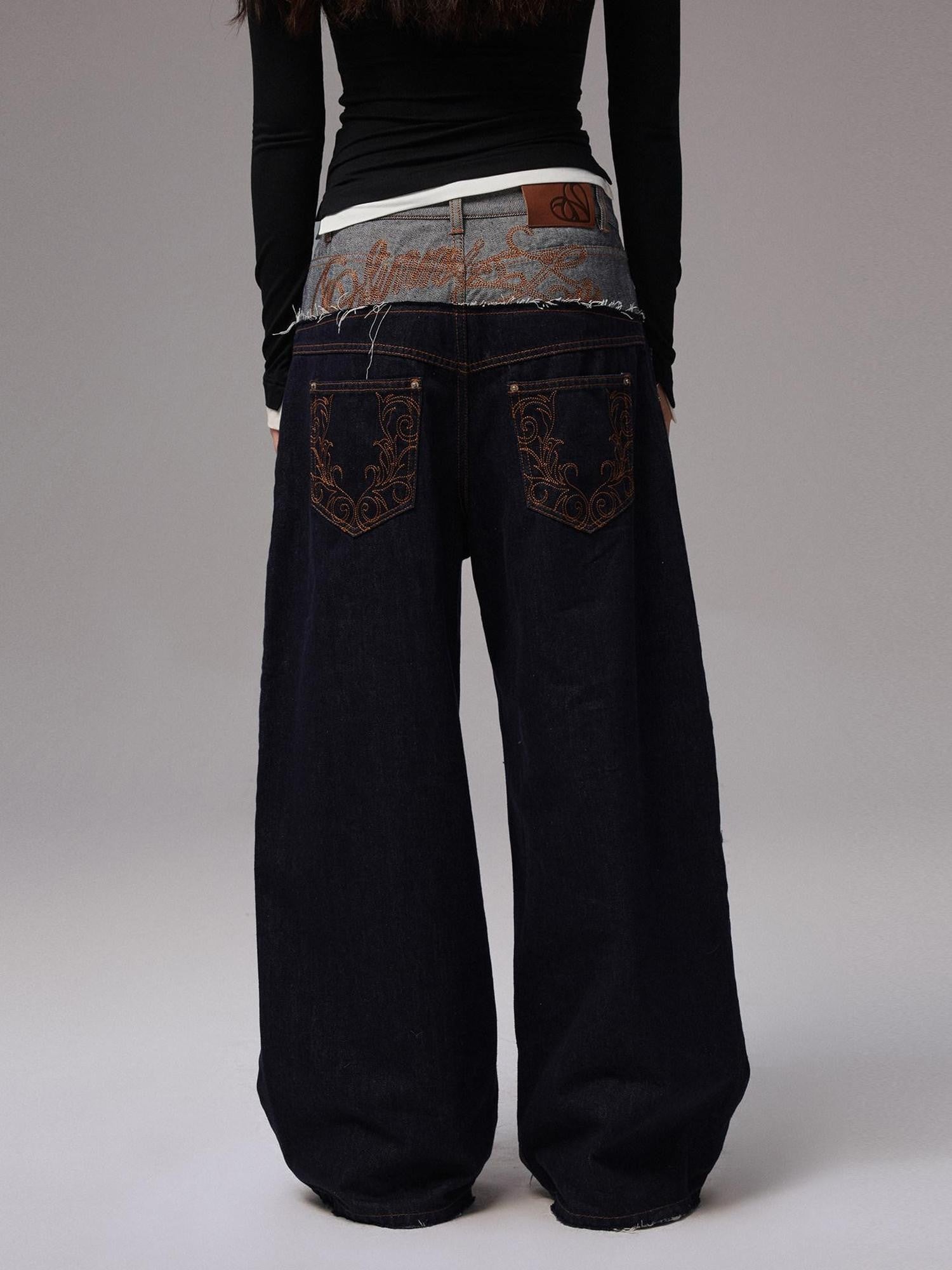 1JINN STUDIO Raw Denim Patchwork Embroidered Double Waist Women&