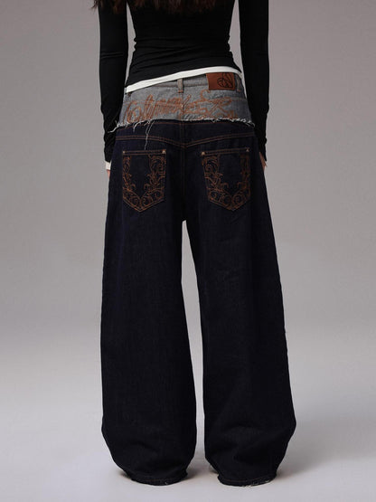1JINN STUDIO Raw Denim Patchwork Embroidered Double Waist Women&