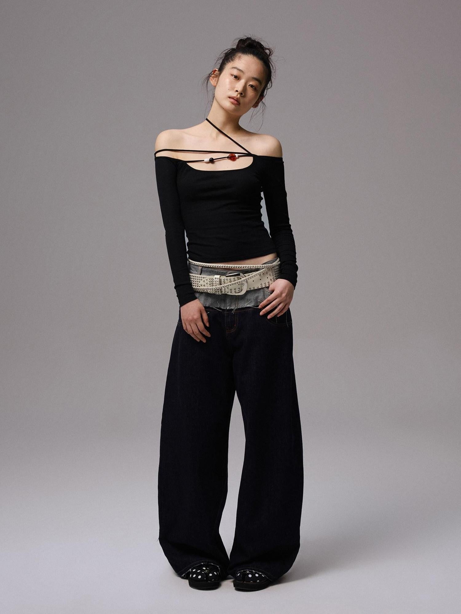 1JINN STUDIO Raw Denim Patchwork Embroidered Double Waist Women&